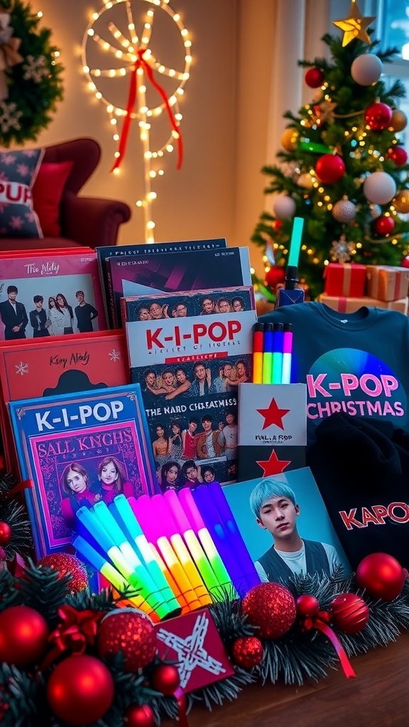 A collection of K-Pop merchandise surrounded by Christmas decorations, showcasing albums, lightsticks, and fan items.